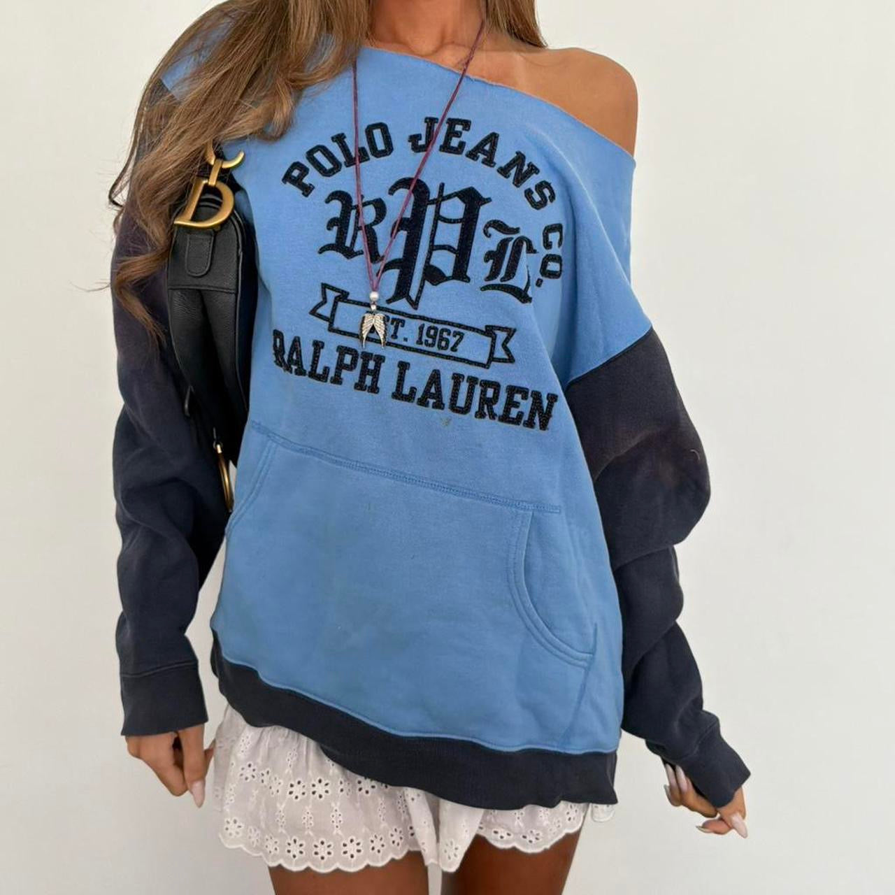 Vintage 90’s Polo Ralph Lauren blue sweatshirt off shoulder