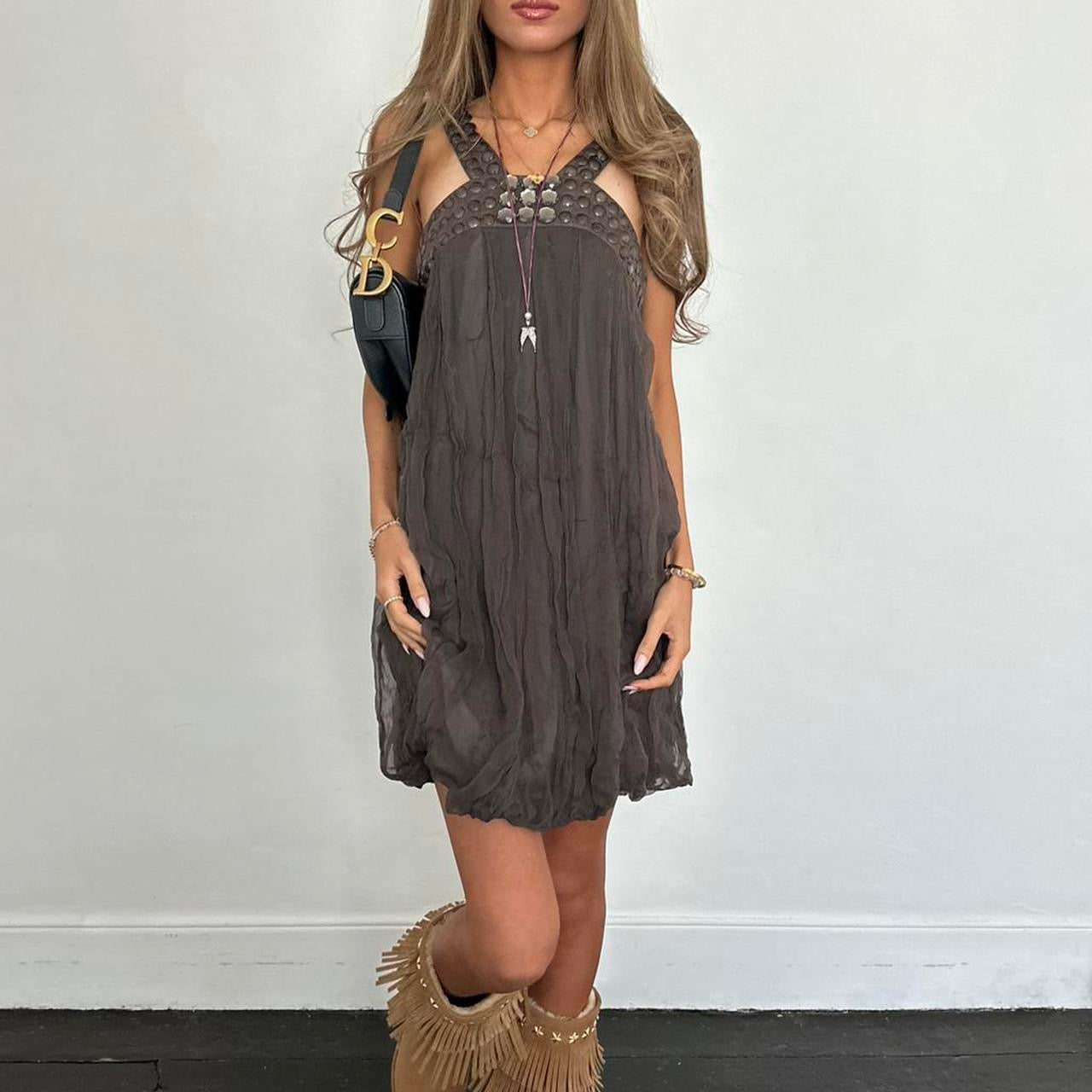 Vintage 00s brown boho mini dress