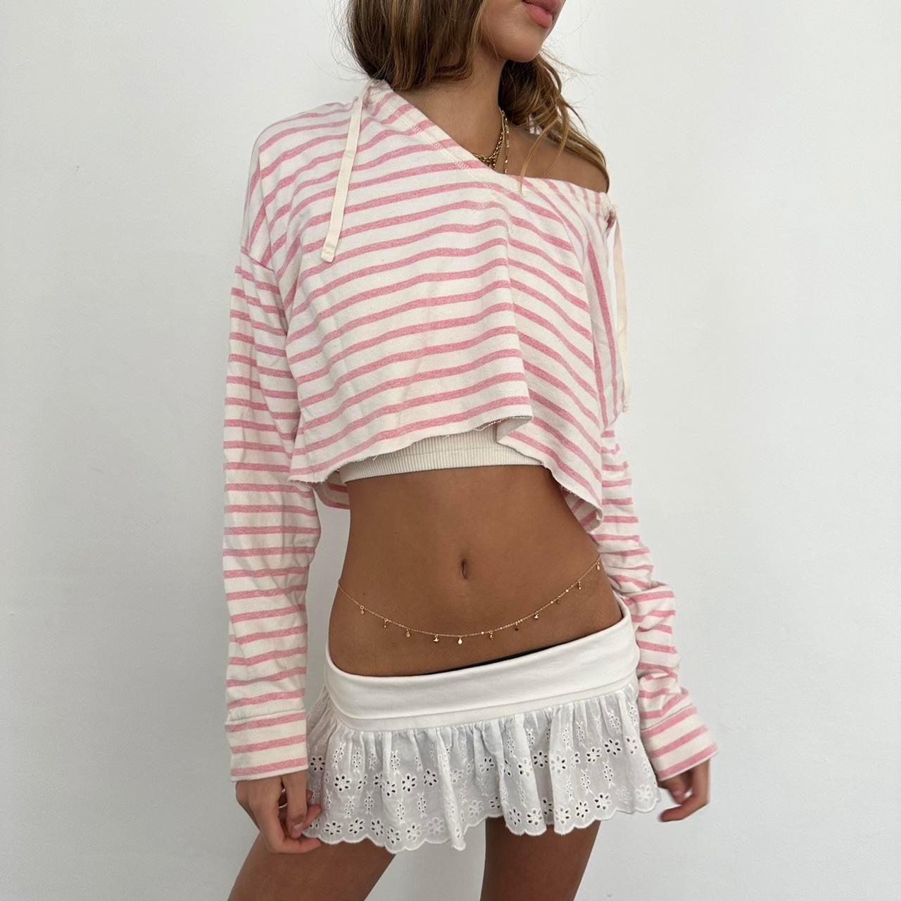 Vintage pink and white long sleeve cropped relaxed fit thin hoodie