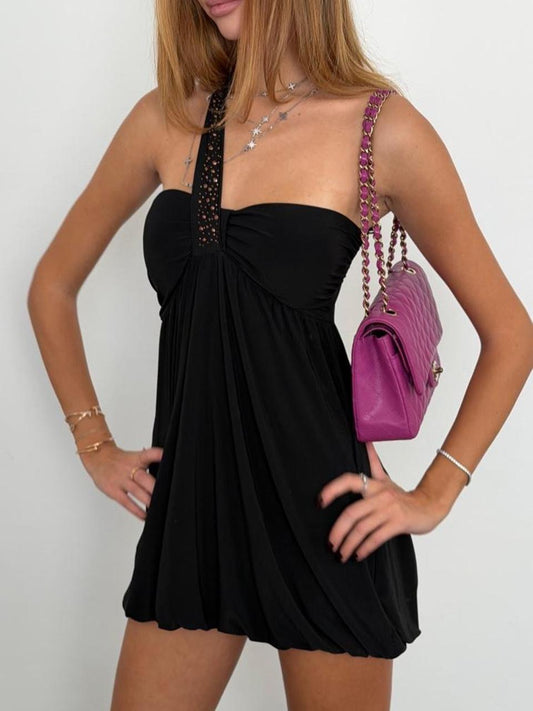 Vintage 00s black floaty halter mini dress
