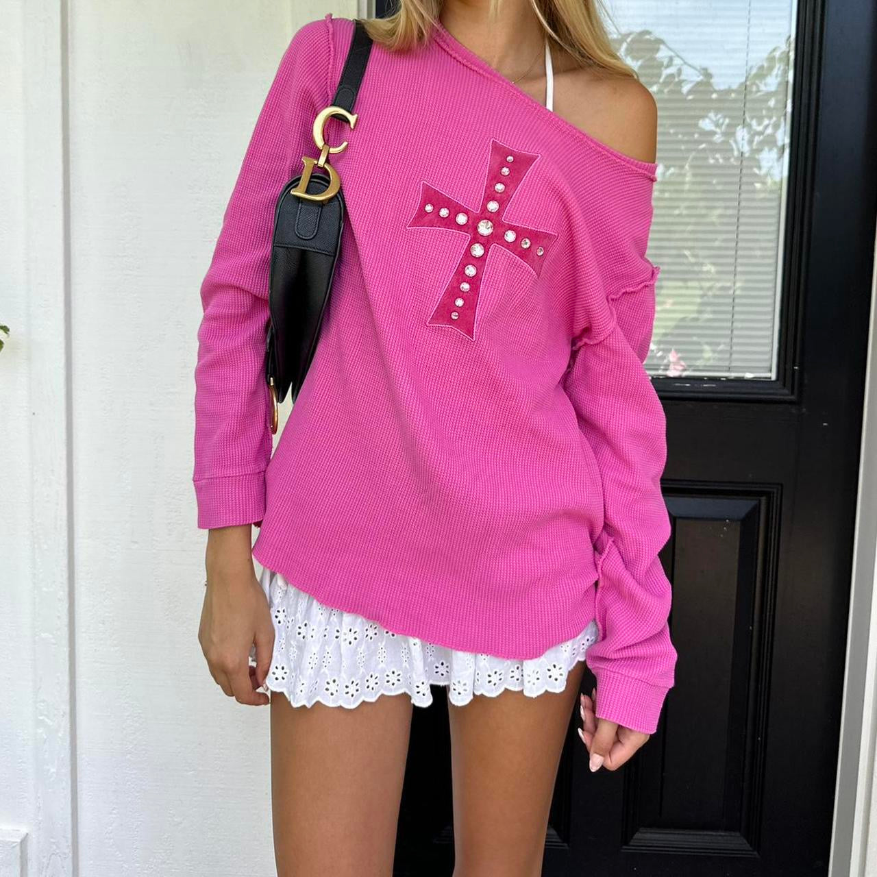 Vintage pink cross waffle long sleeve top