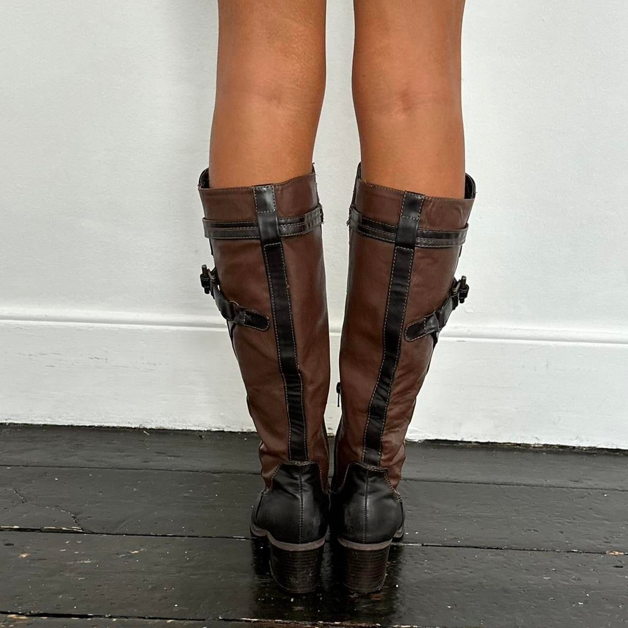 Vintage tall leather tan + brown buckle heel boots