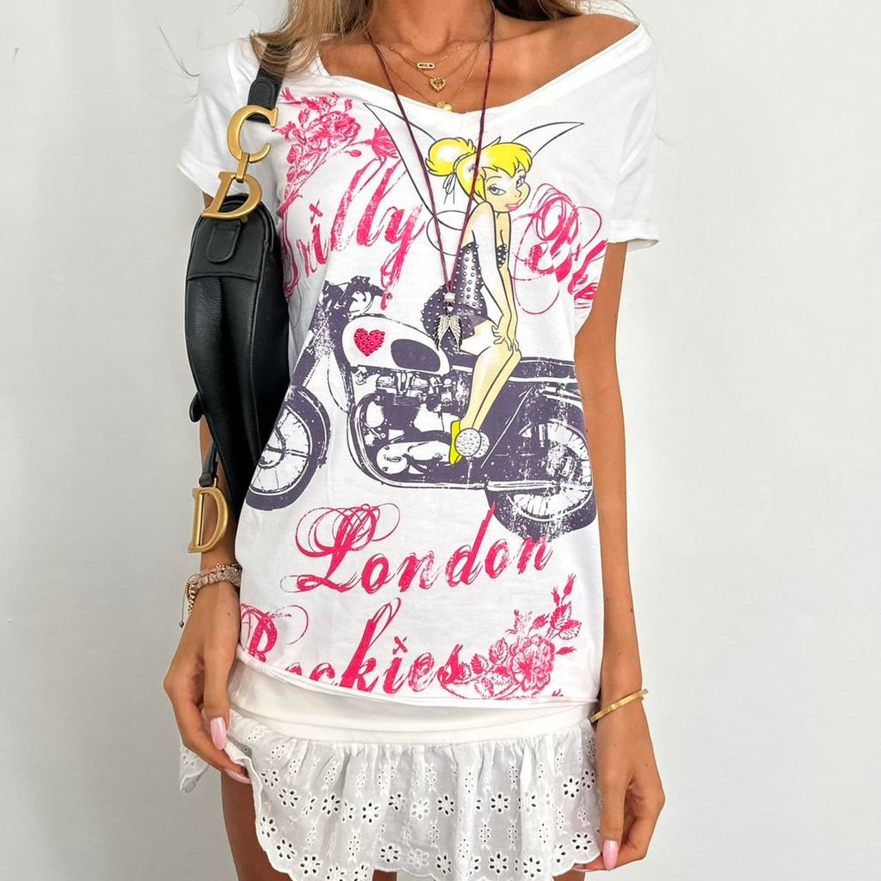 Vintage 2000’s Tinker bell motorbike off shoulder top