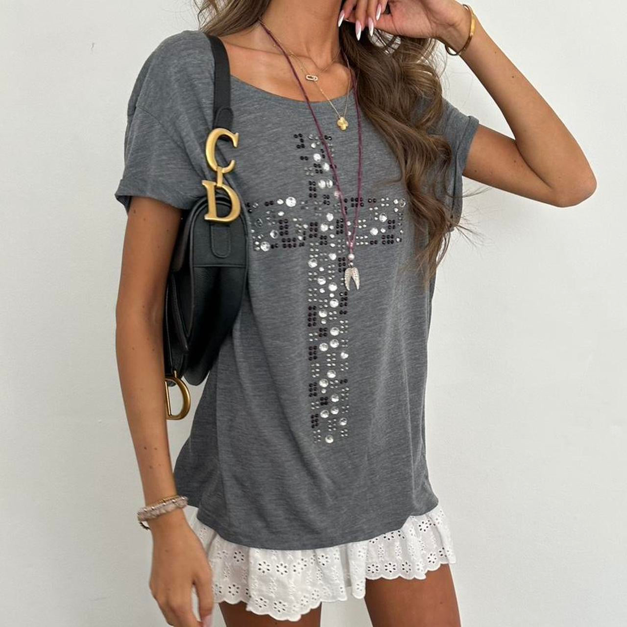 Vintage 00s grey rhinestone cross top