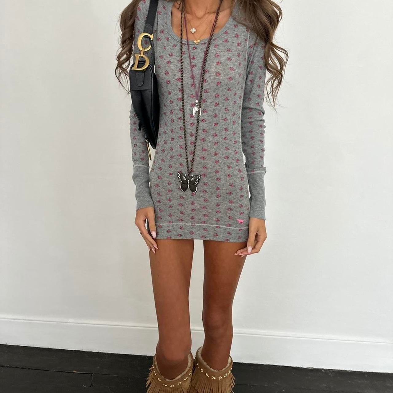 Vintage 00s Victoria’s Secret grey floral long top styled as micro dress