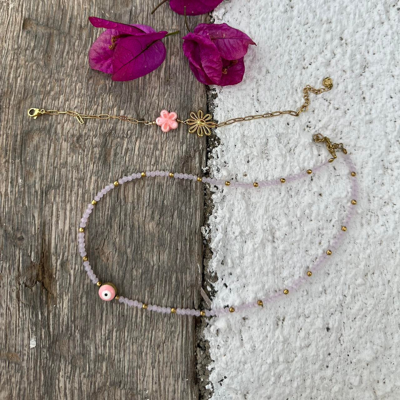 Handmade island pink 🧿 beaded necklace 🪸🐚