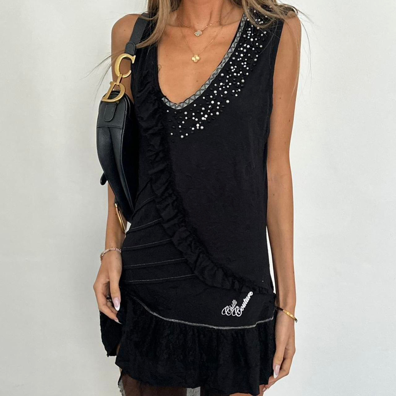 Vintage 00s black lace ruffle mini dress