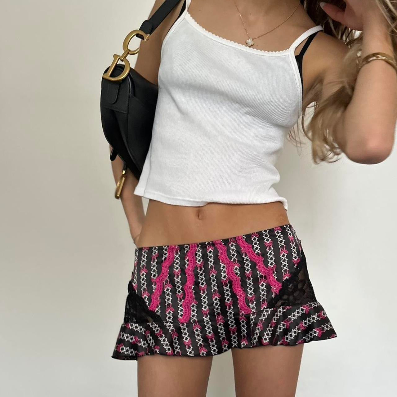 Vintage early 2000s pink and black lace micro mini skirt