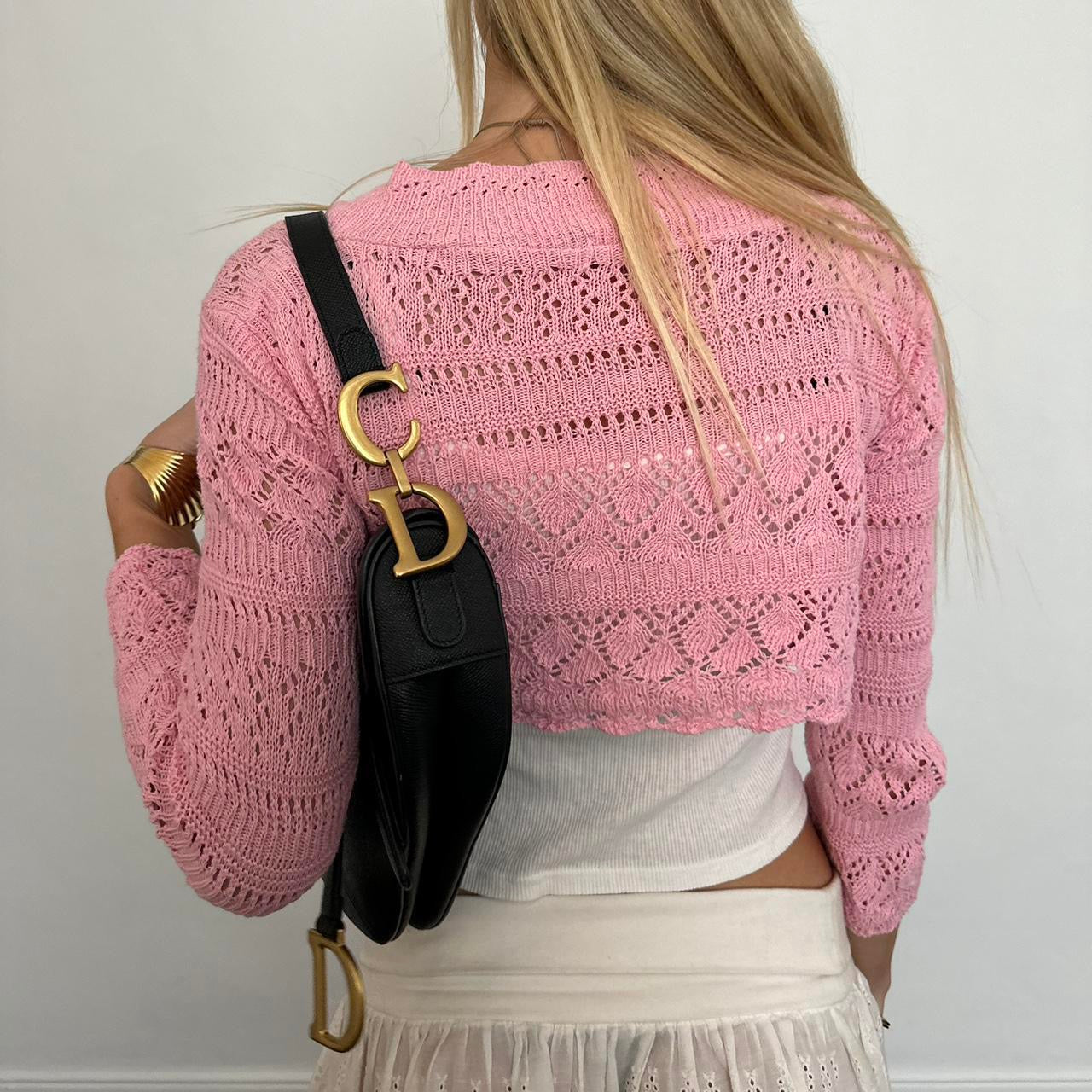 Vintage pink crochet long sleeve cardigan top