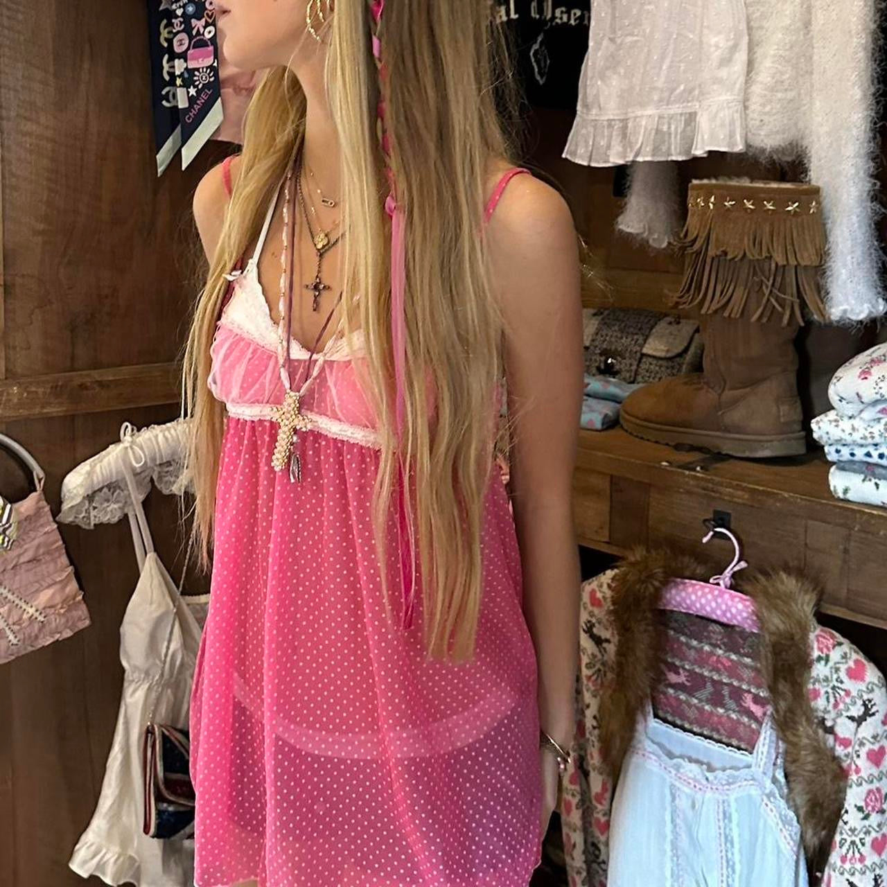 Vintage pink mesh lace babydoll top