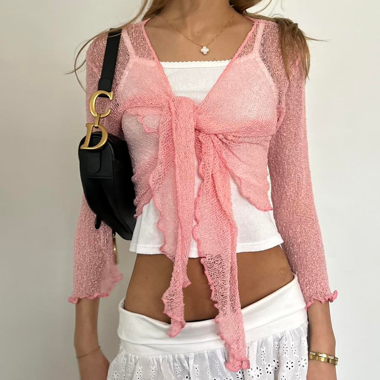 Vintage pink crochet tie up top