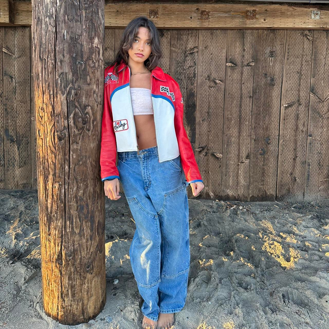 Vintage 90s red and white leather jacket  ❤️