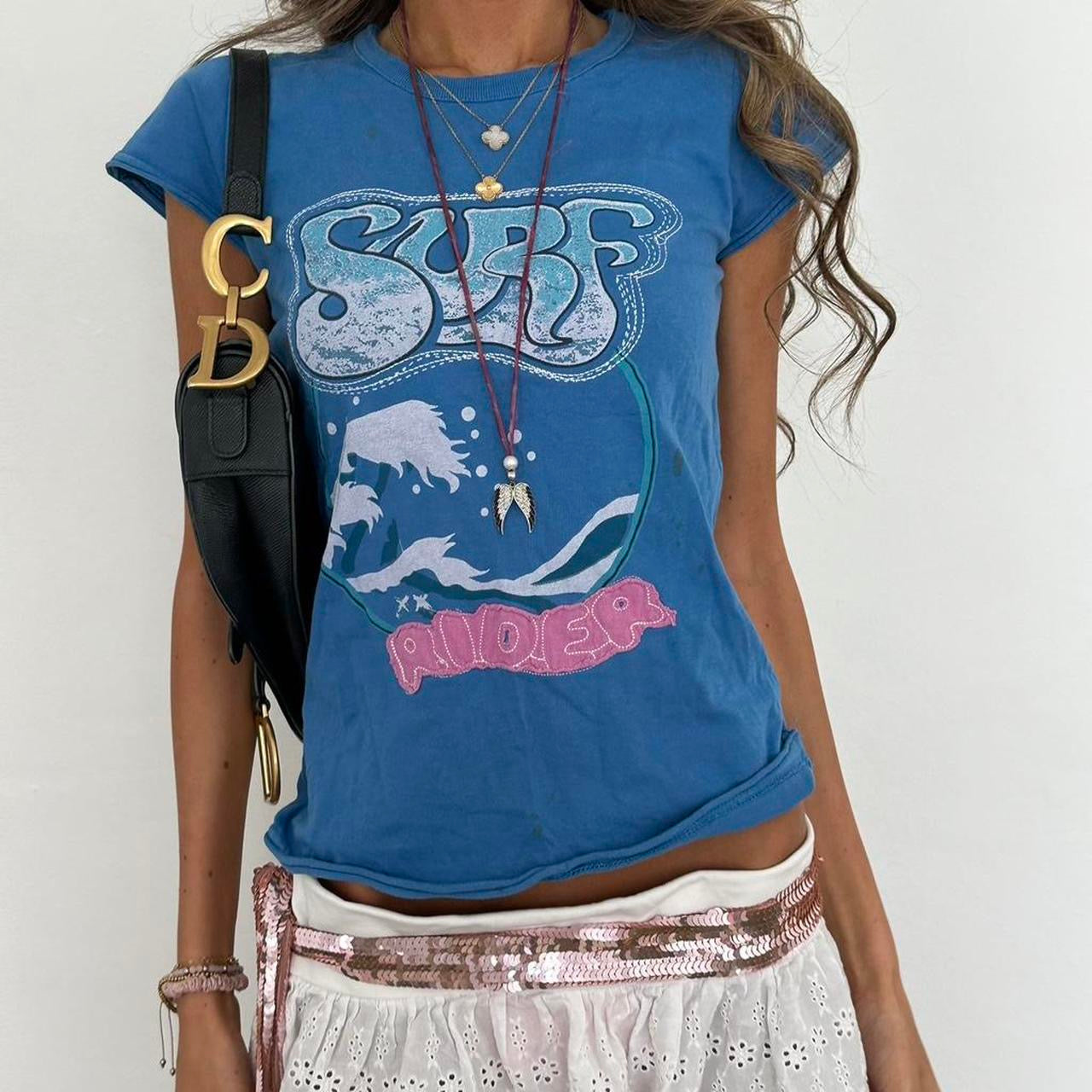 Vintage slogan Surf Rider blue & pink baby tee