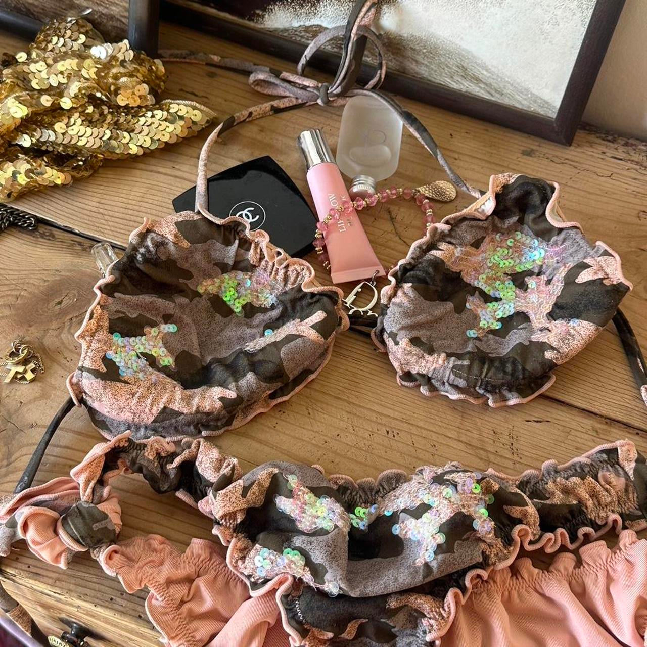 Vintage sequin camouflage ruffle bikini