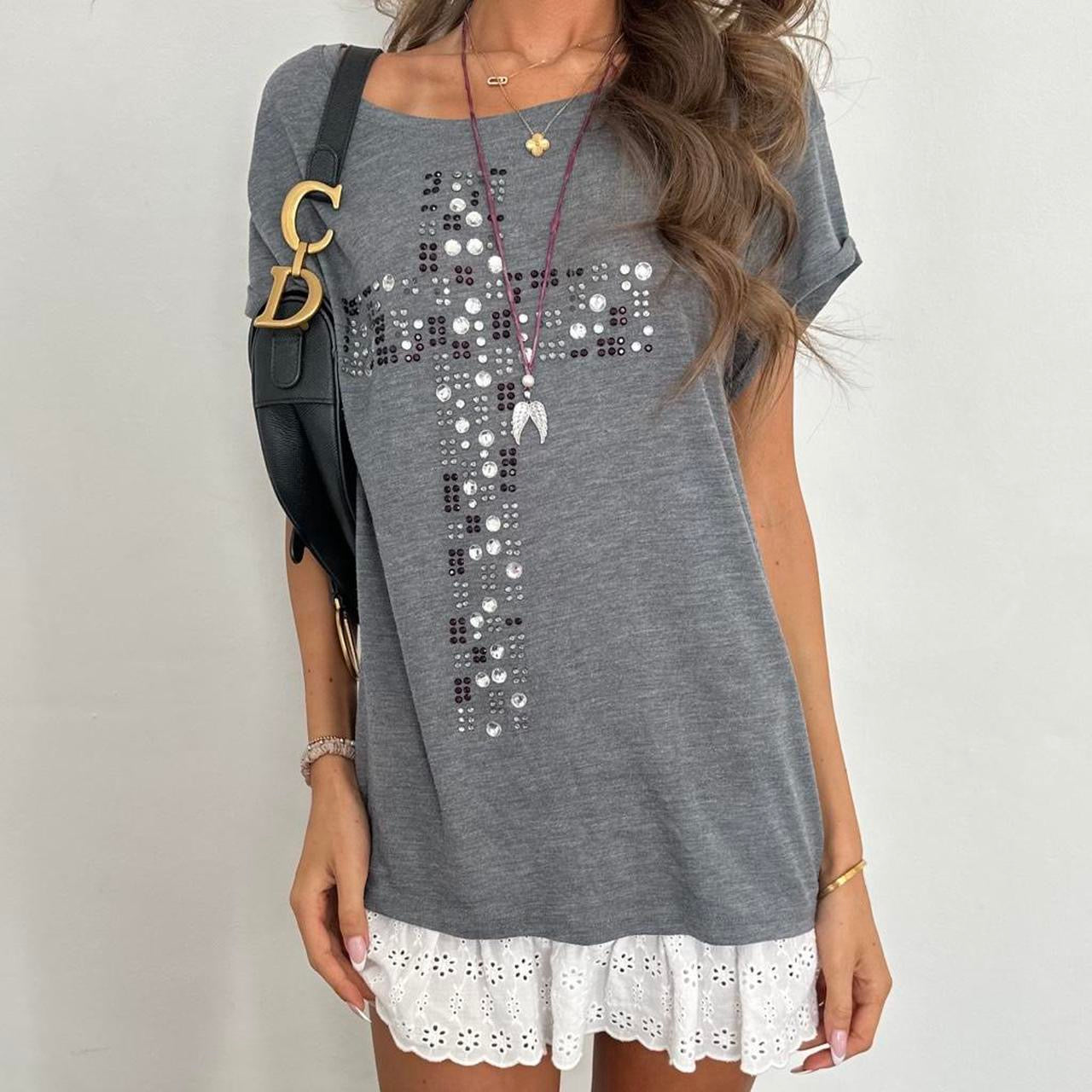 Vintage 00s grey rhinestone cross top