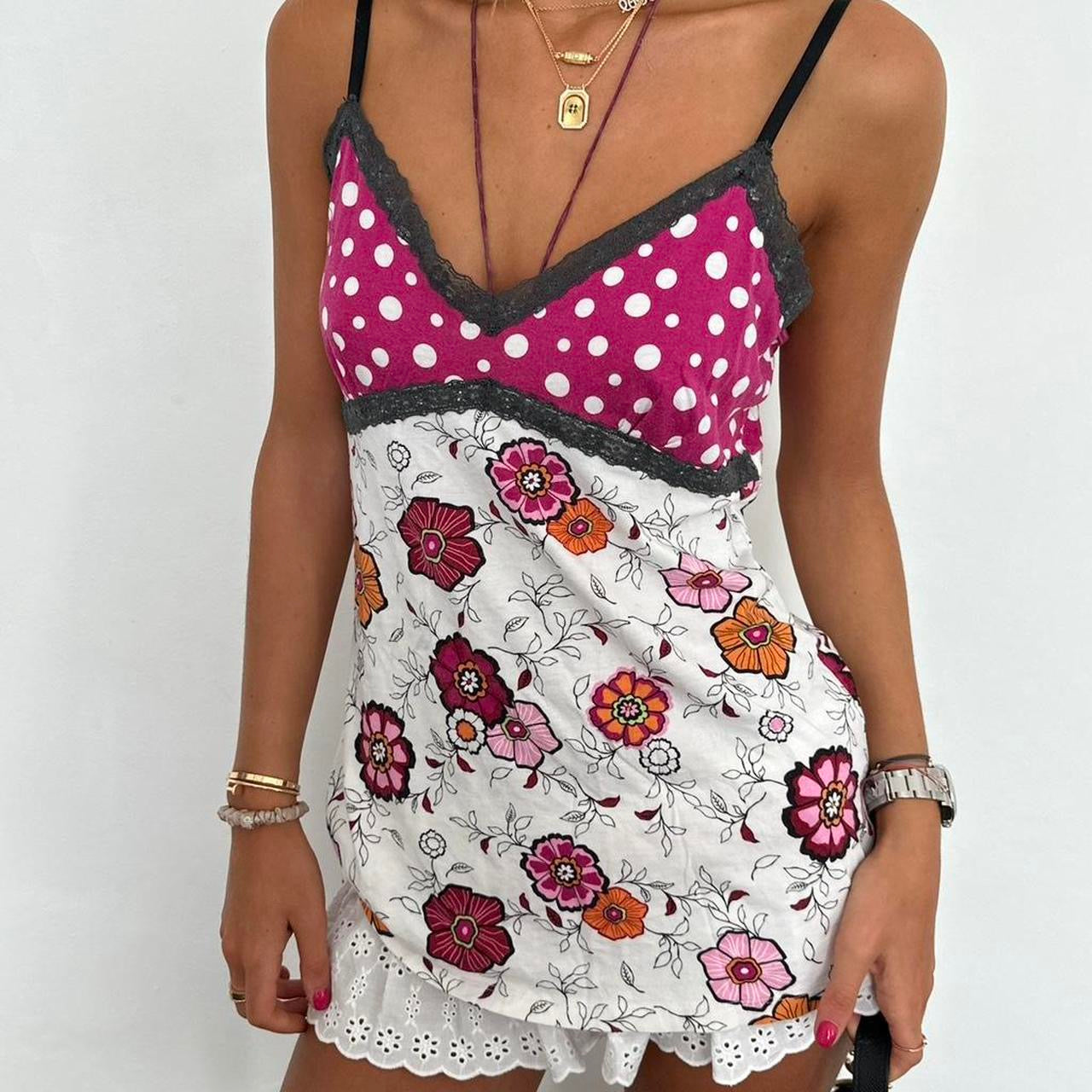 Vintage 2000’s floral and polka dot contrast cami  top