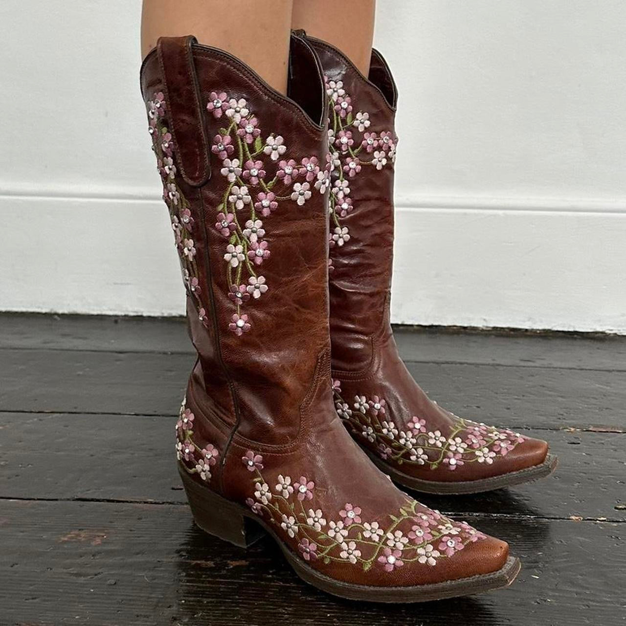 Vintage handmade floral embroidered brown cowboy boots