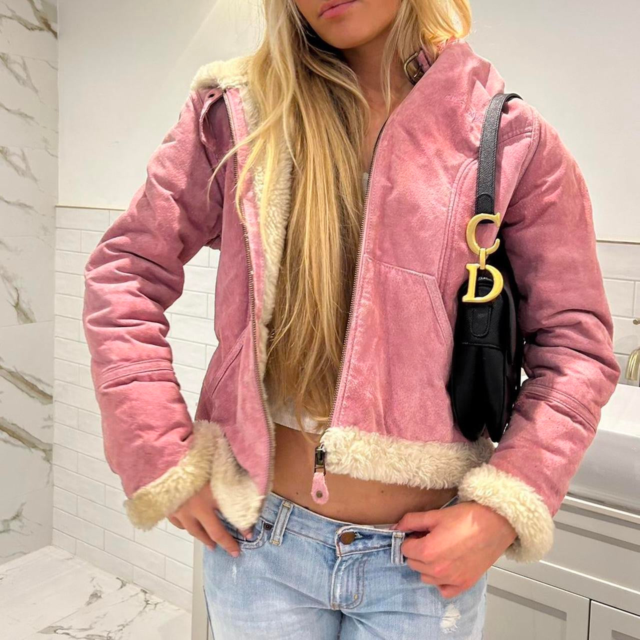 Vintage 2000’s pink suede leather & white faux fur hooded jacket