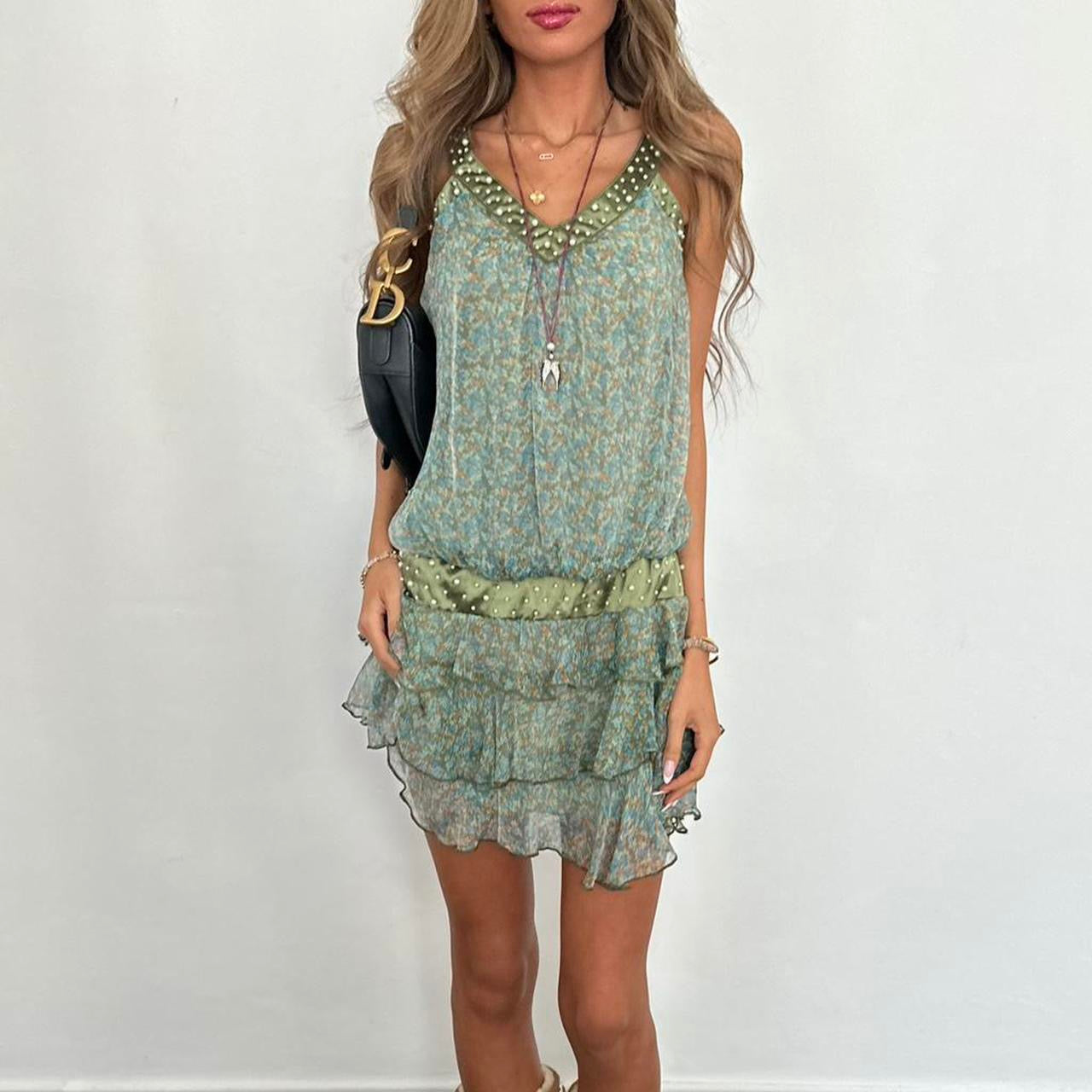 Vintage 2000s green ruffle Parisian sequin mini dress