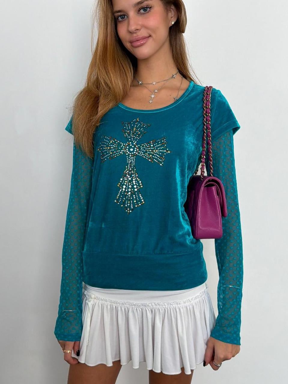 Vintage 00’s turquoise velvet cross design top