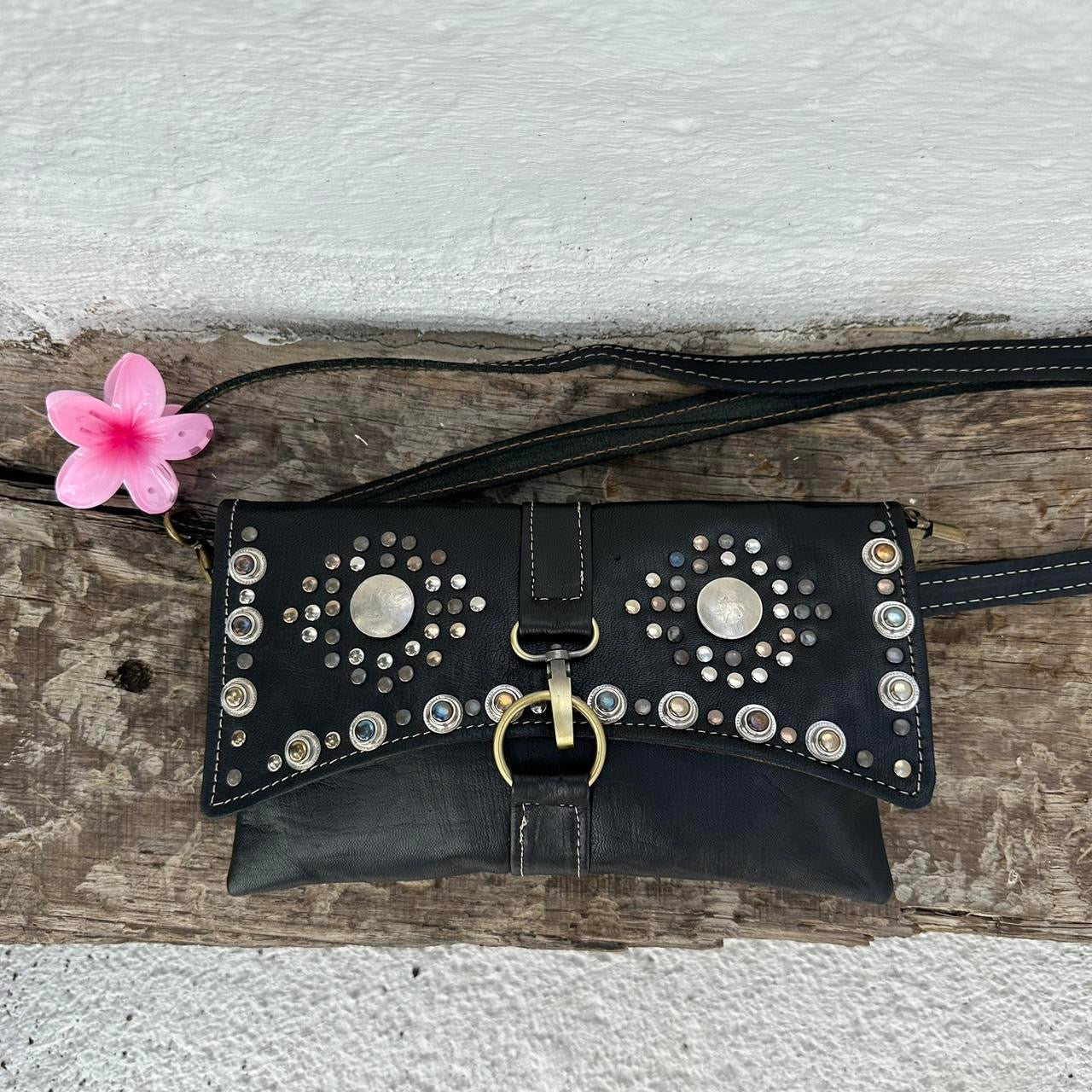 Vintage crescent Luna leather studded bag 🌙