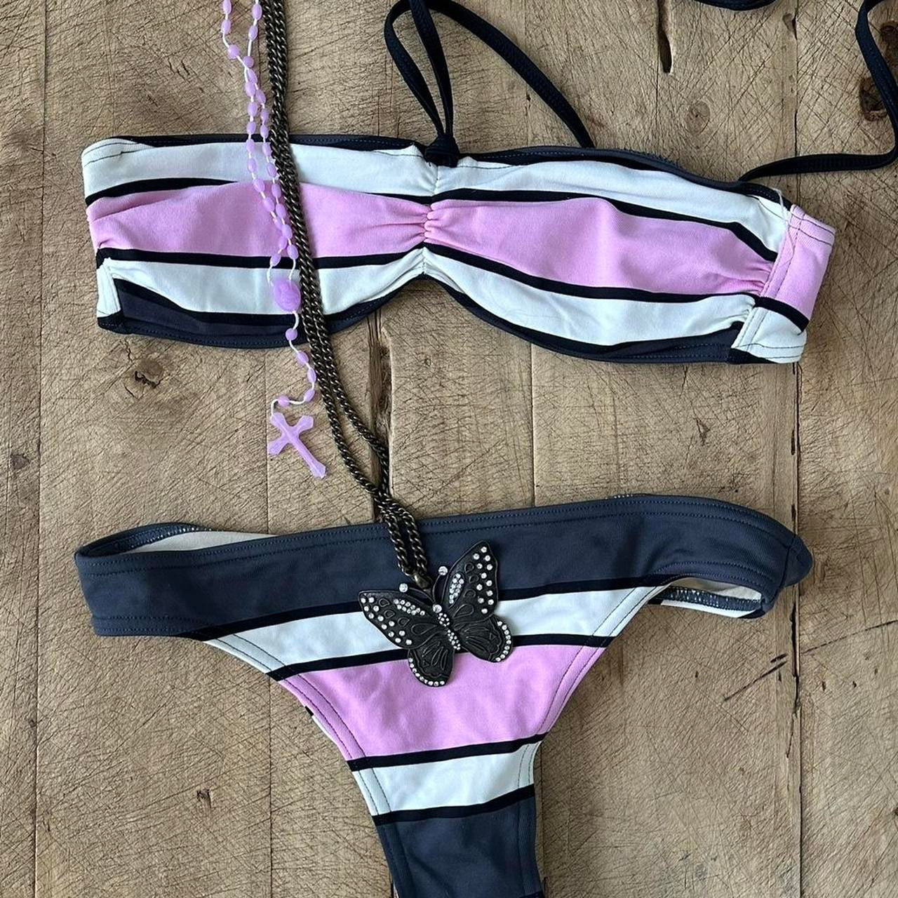 Vintage 00s black and pink striped bikini