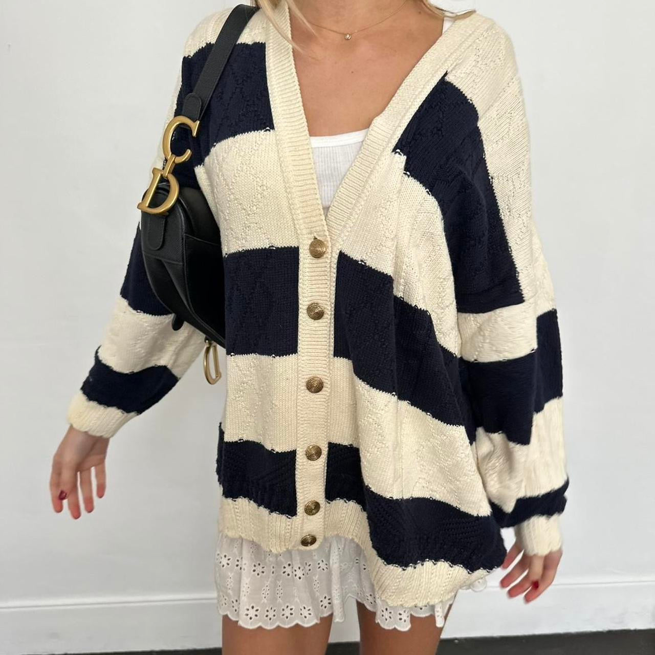 Vintage navy and cream cable knit cardigan