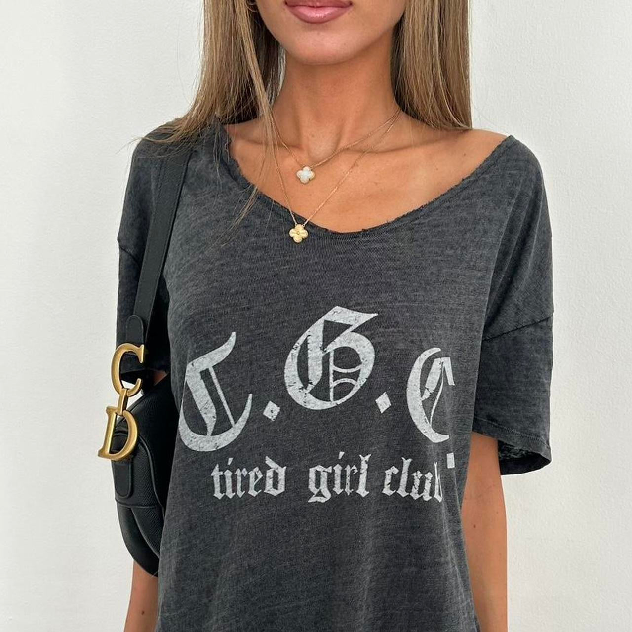 Vintage grey gothic script top ‘Tired Girl Club’