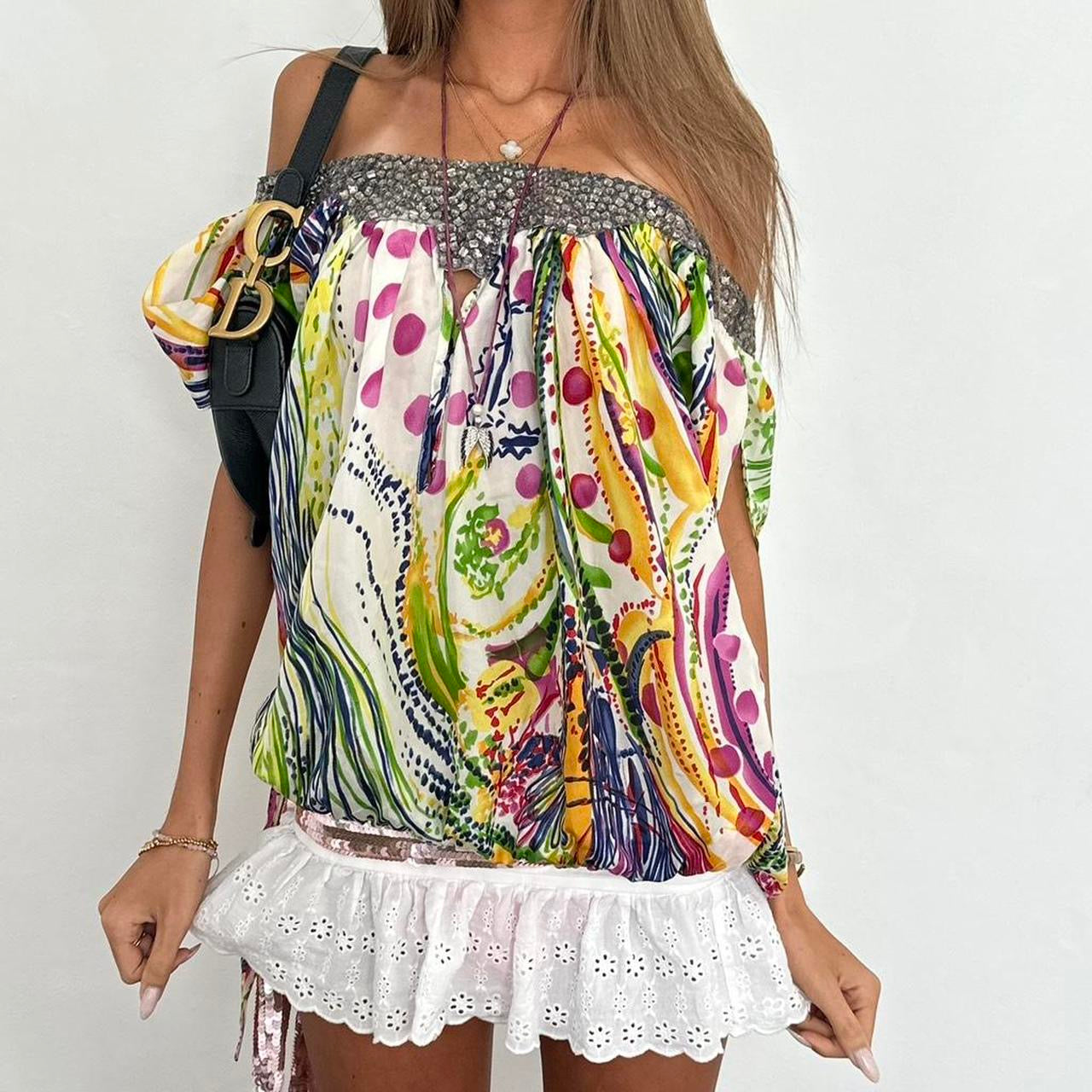 Vintage 00s colourful off the shoulder summer top