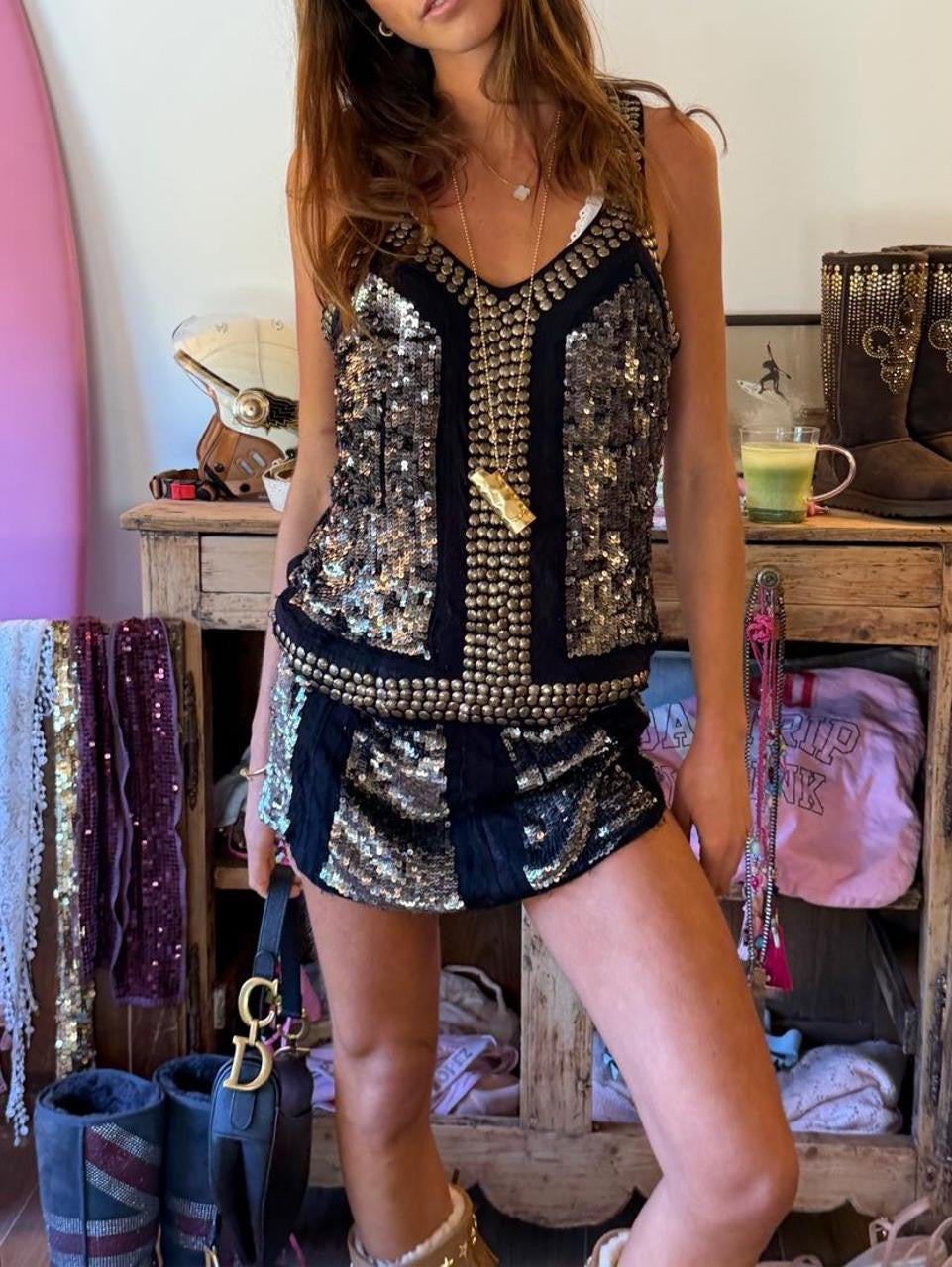 Vintage 00’s bohemian studded black and silver cool dress