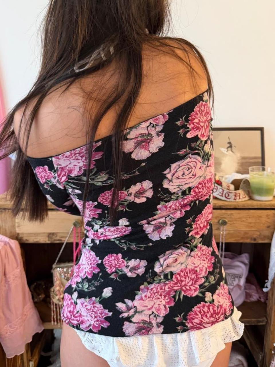 Vintage 00s floral off the shoulder long sleeve top