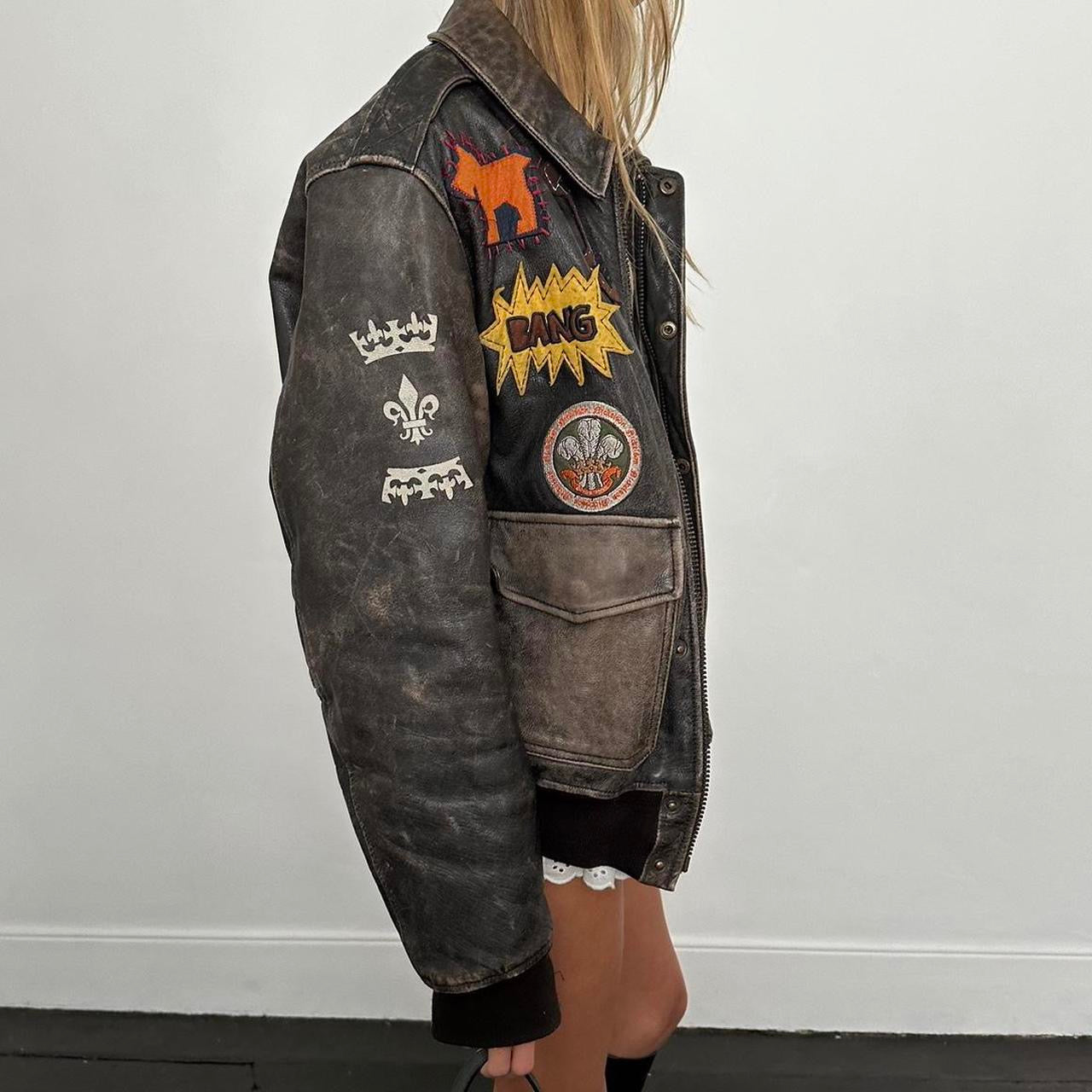 Vintage 90’s varsity embroidered patch leather jacket