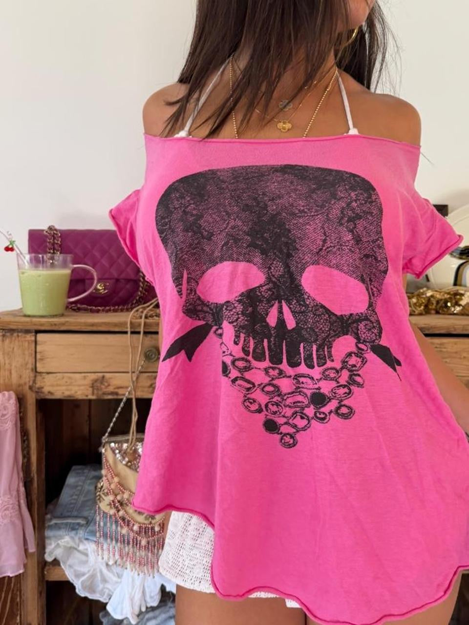 Vintage 00s pink skull off shoulder top