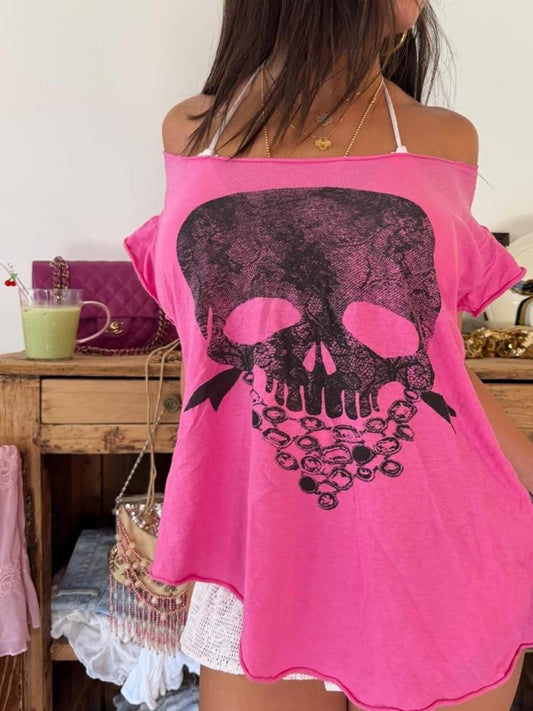 Vintage 00s pink skull off shoulder top
