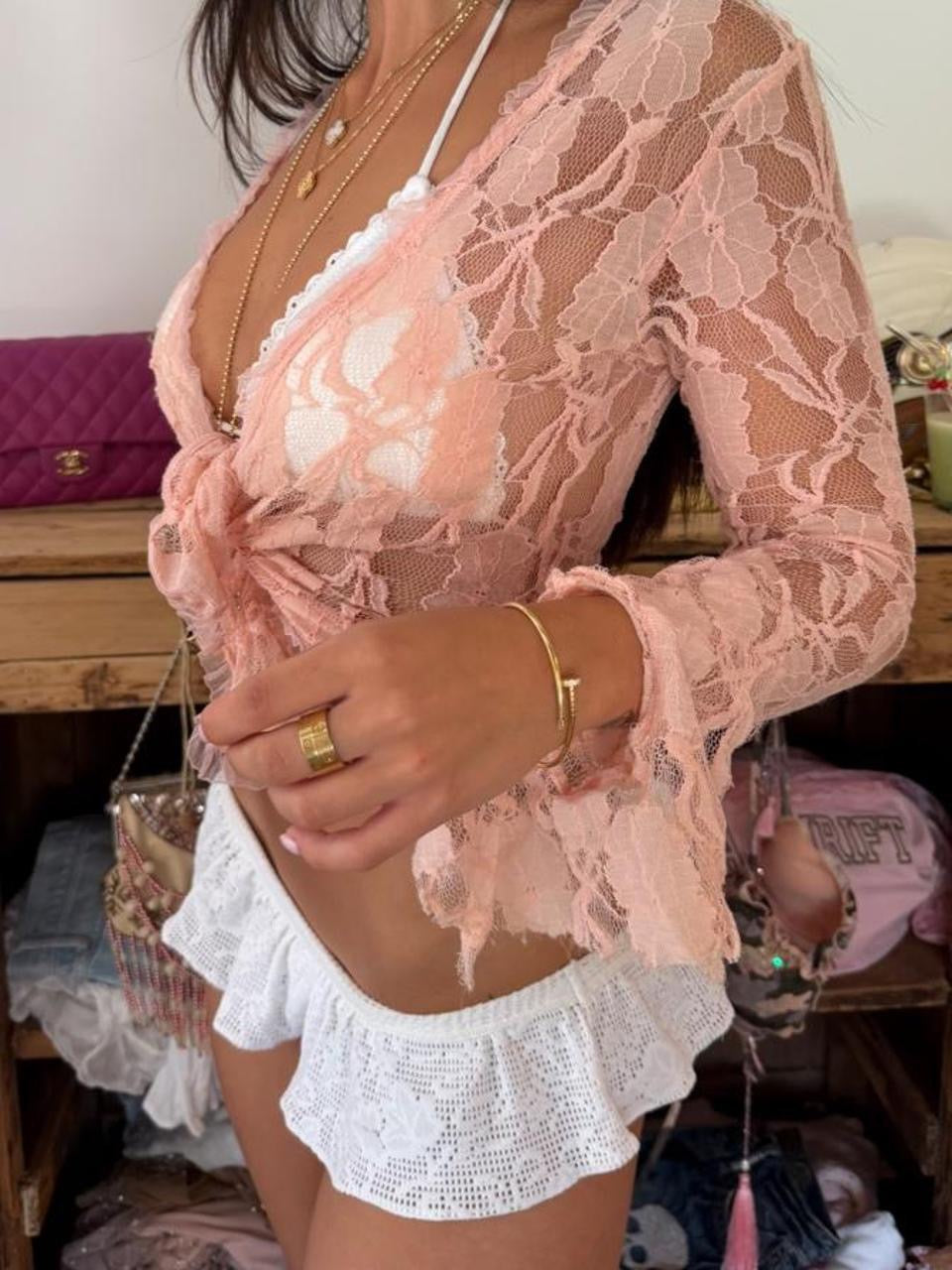 Vintage 00s pink lace boho long sleeve top