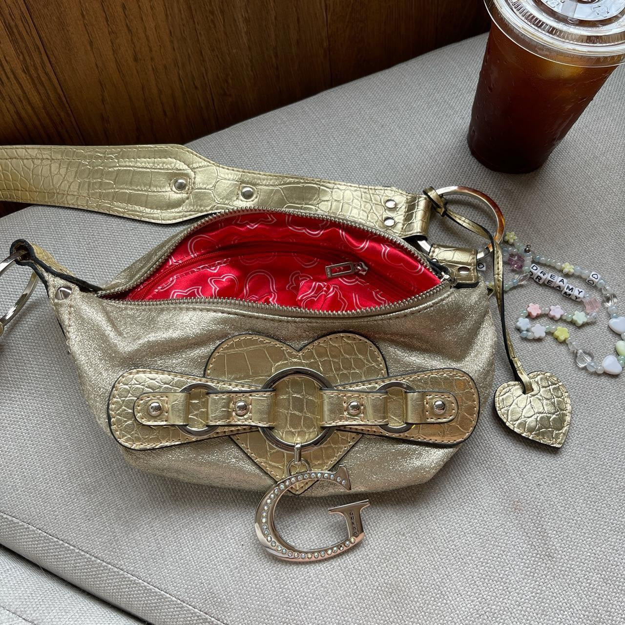 Vintage Guess gold heart charm purse