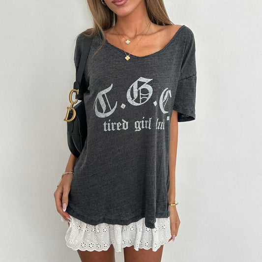 Vintage grey gothic script top ‘Tired Girl Club’