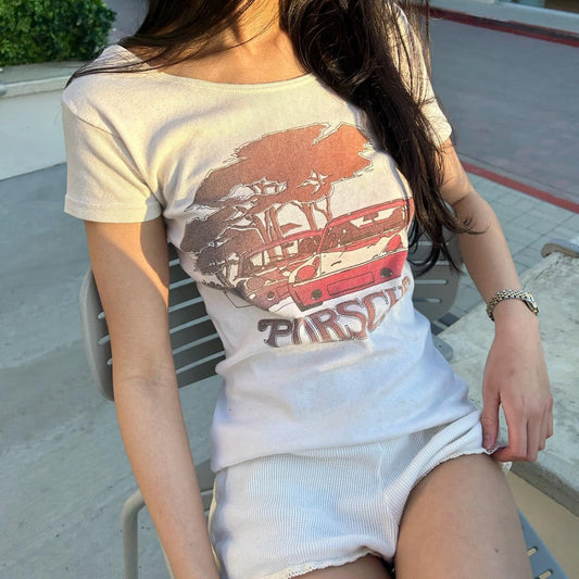 Vintage Porsche white off the shoulder top