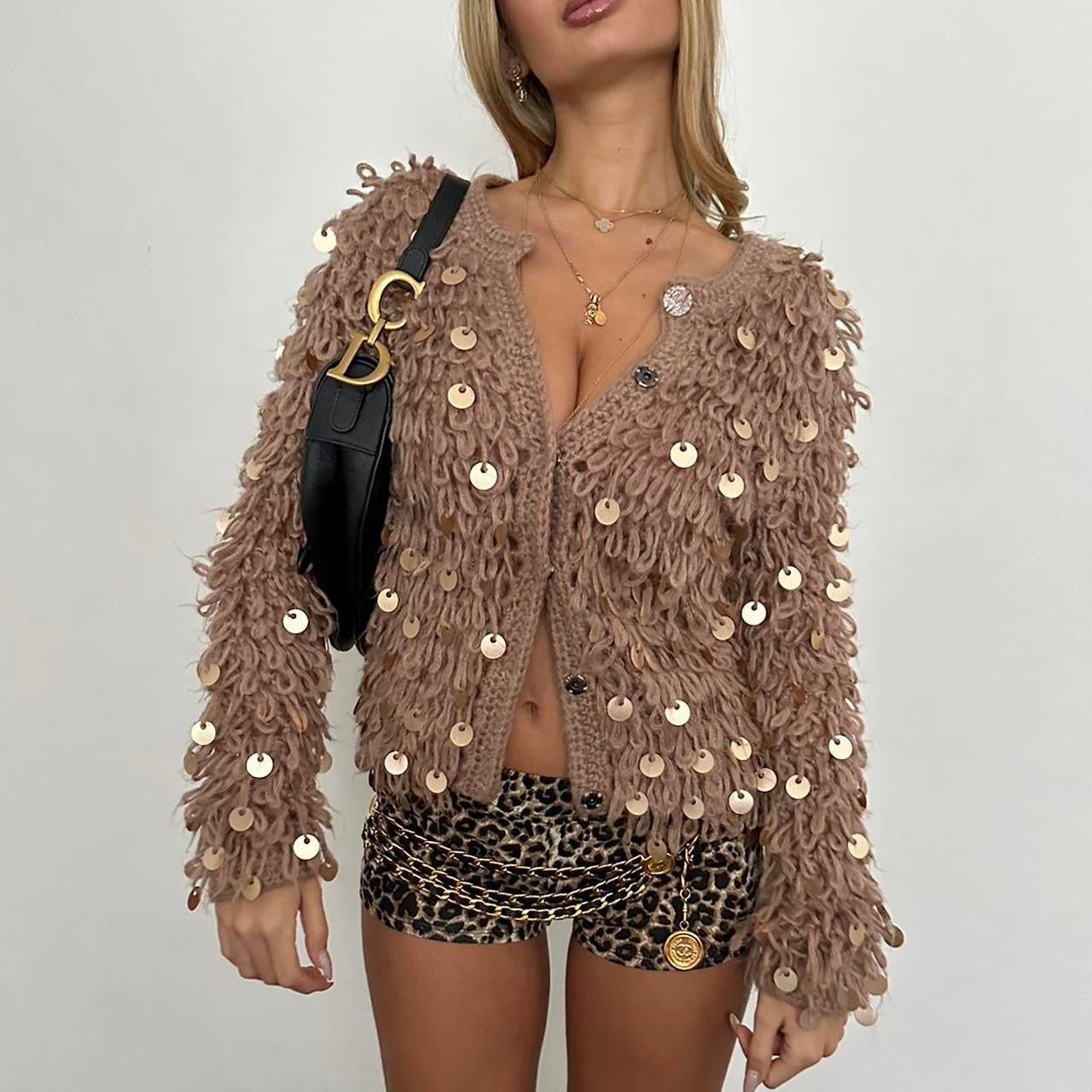 Vintage brown sequin knit cardigan