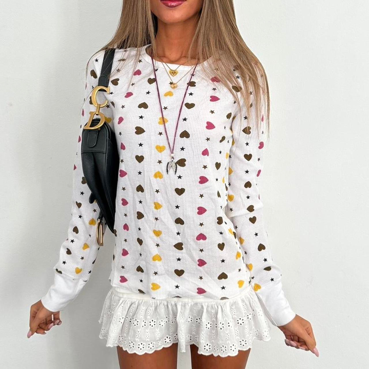 Vintage 2000s heart and stars waffle long sleeve top