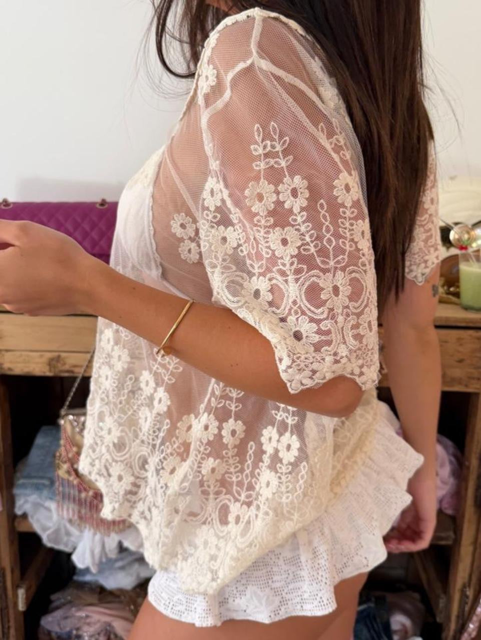 Vintage 00s white lace boho top