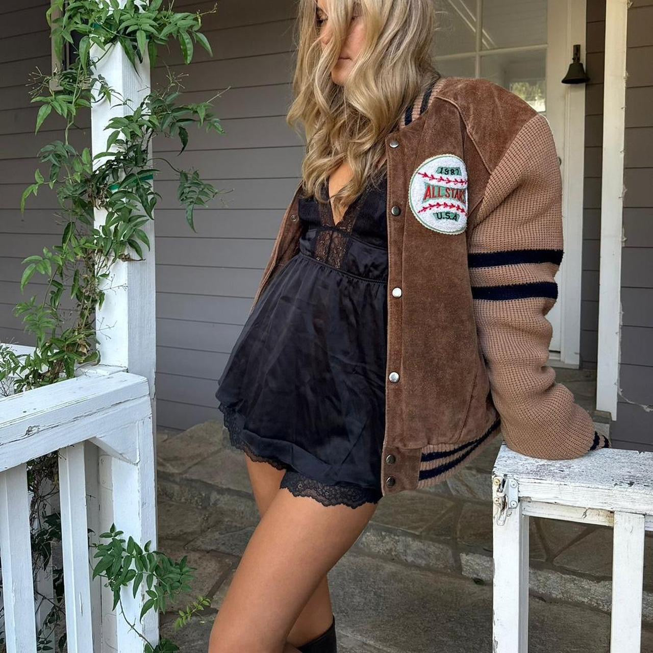 Vintage brown varsity zip up jacket with knit sleeves