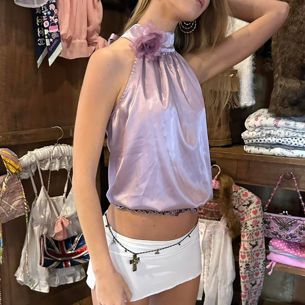 Vintage silky purple ribbon top
