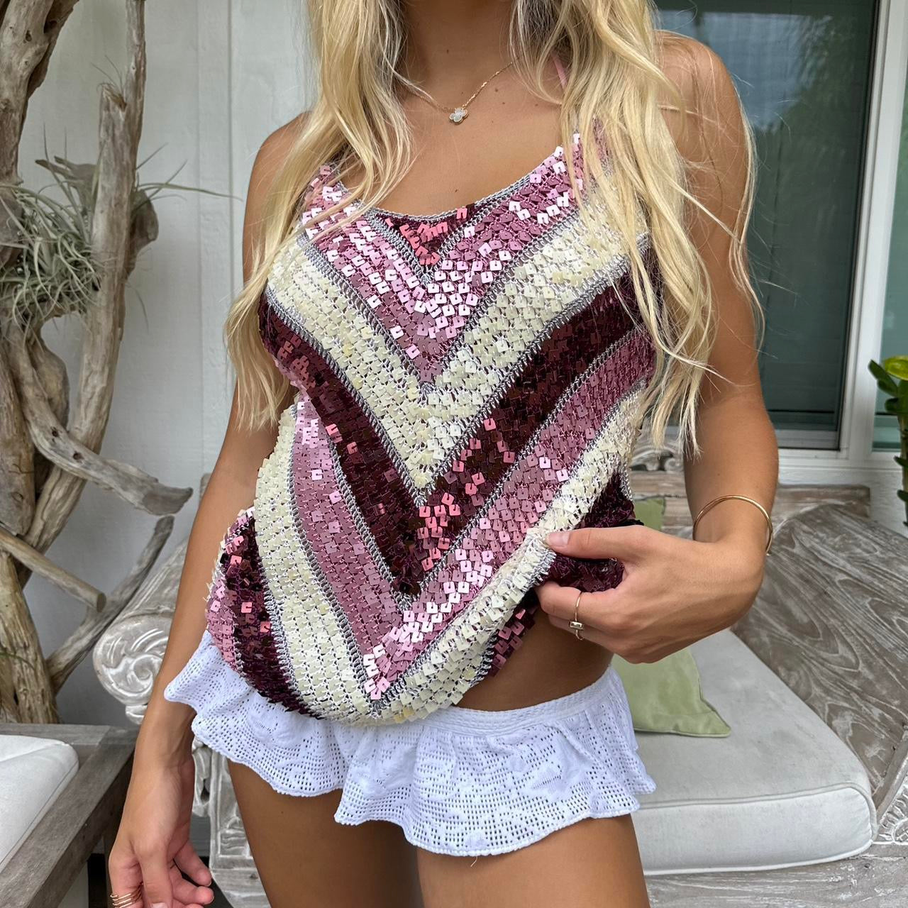Vintage crochet pink tone sequin top