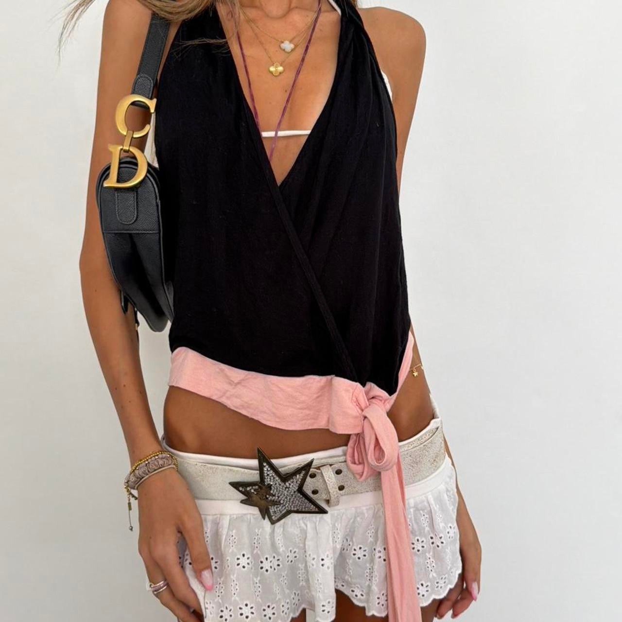 Vintage 00s black and pink tie up halter neck top