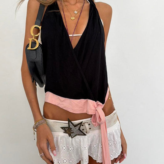Vintage 00s black and pink tie up halter neck top