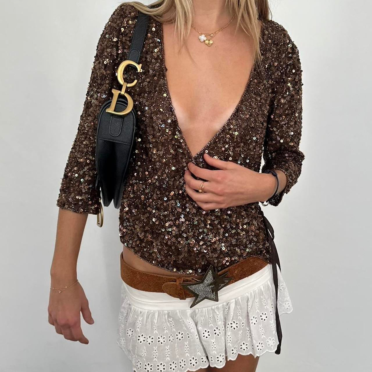 Vintage tie up brown sequin cardigan