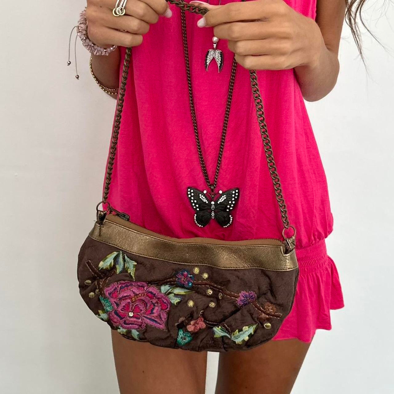 Vintage flower embroidered mini purse on chain