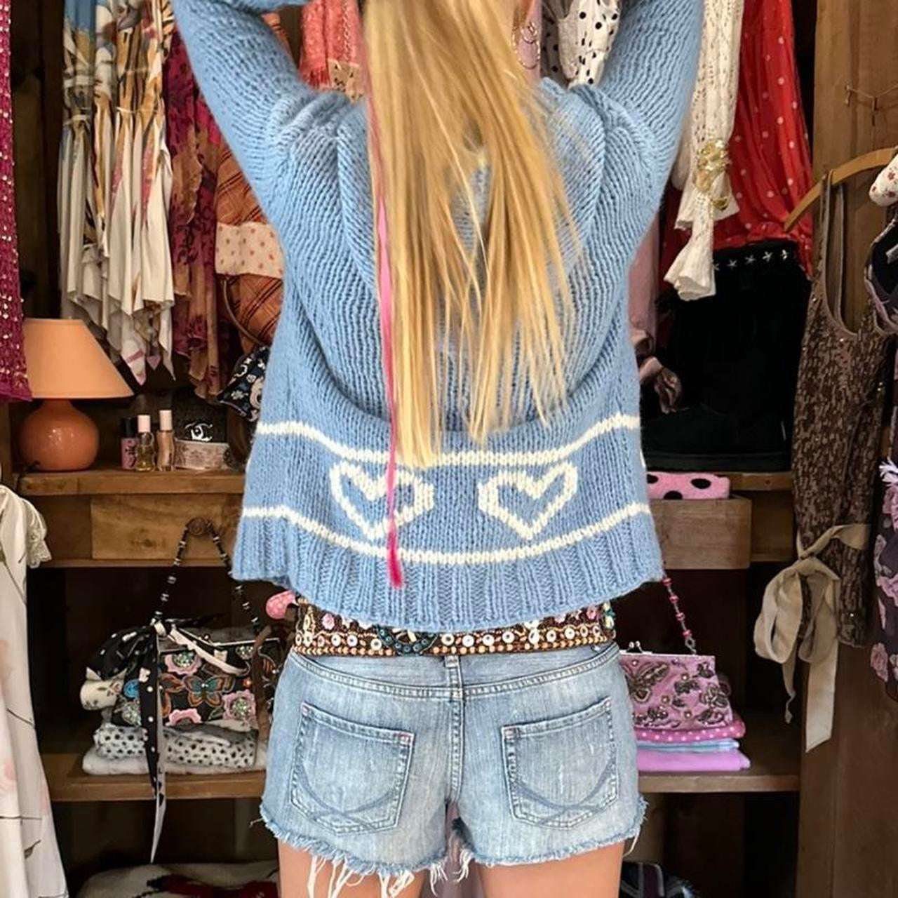 Vintage 90’s baby blue knit crochet hoodie with pom pom details