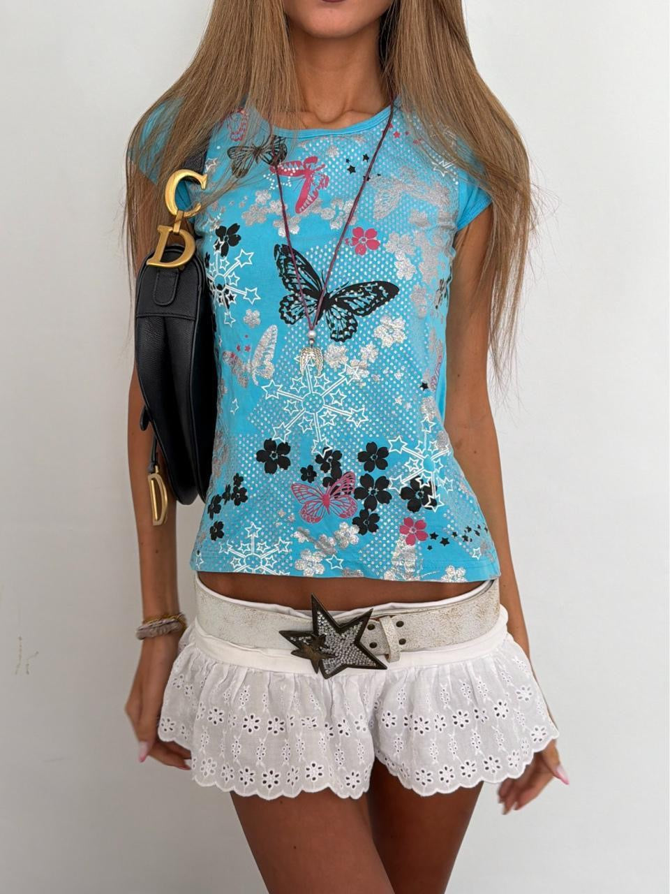 Vintage 00s butterfly blue baby tee